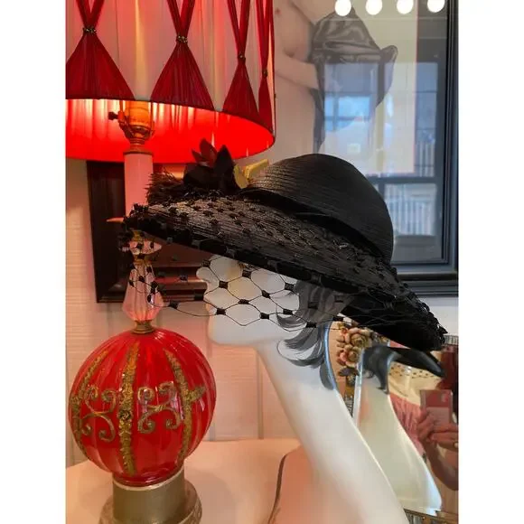 vintage 1940s black straw wide brim hat with veil and roses 40s film noir floral
